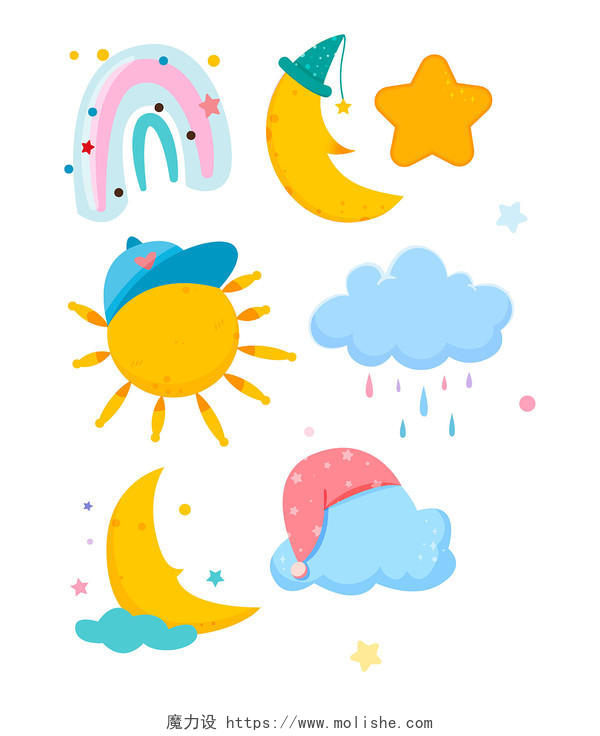 天气卡通星星气候云朵太阳月亮雪花彩虹PNG素材
